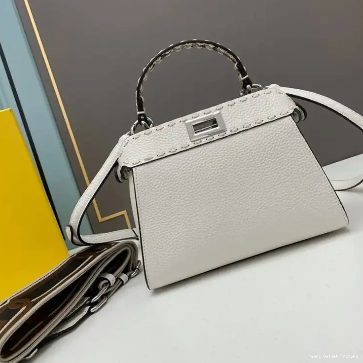 Cheap HOT Bag In Leather Calf Peekaboo Iconic Stitching Mini Fendi White 0704